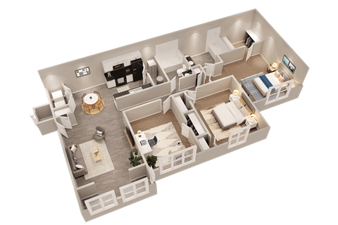 Floor plan for 3 beds, 2 baths, 1227 sqft